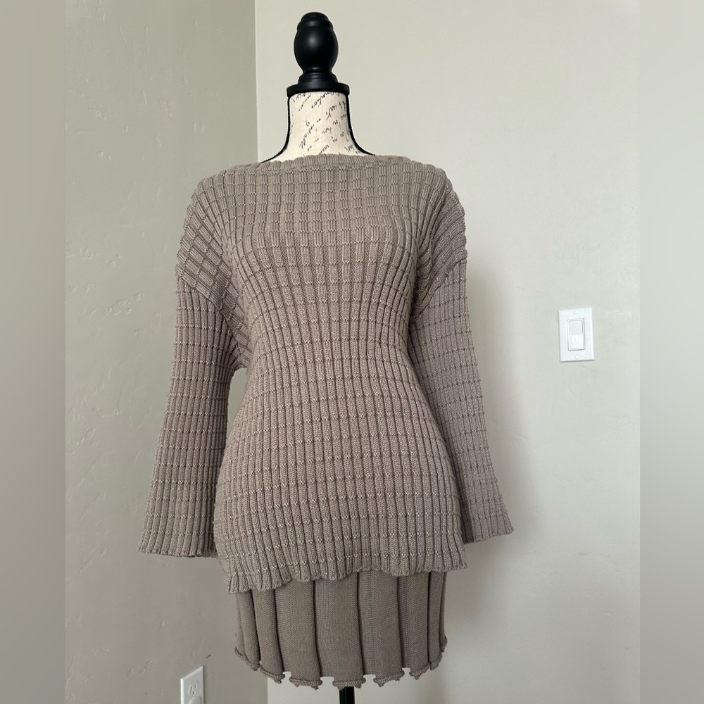 Ribbed Knit Sweater & Skirt Matching Set - Taupe